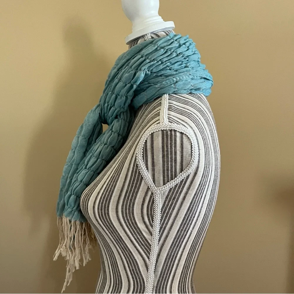 Women’s Blue 100% Viscose Lightweight Fringed Smocked Boho Hippie Scarf - Picture 6 of 10